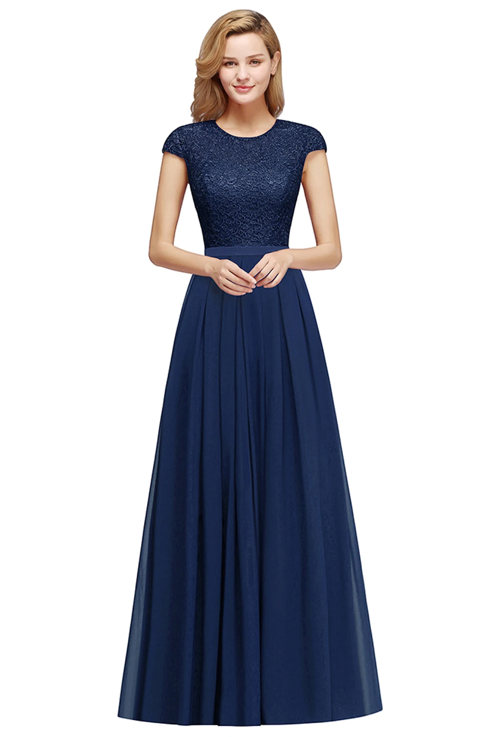 Chiffon Candy Pink Lace Evening Dresses Women Navy Blue Elegant Short Sleeves Formal Wedding Prom Party Gowns Robe De Soirée