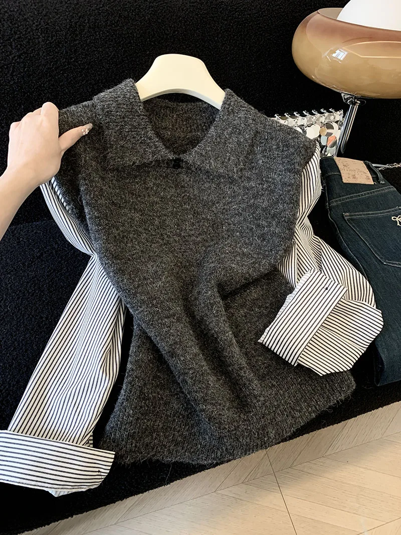 

triped Shirt Sleeve Patchwork Fake two-Piece Long-Sleeved Sweater for Women, Spring and Autumn Fashion Knitted Shirt