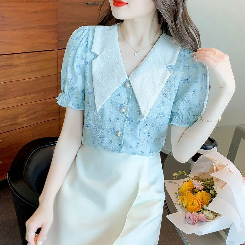 2024 Summer New Blouses Women\'s Chic Flattering Printed Spliced Button Standard Peter Pan Collar Puff Sleeve Chiffon Shirts Tops