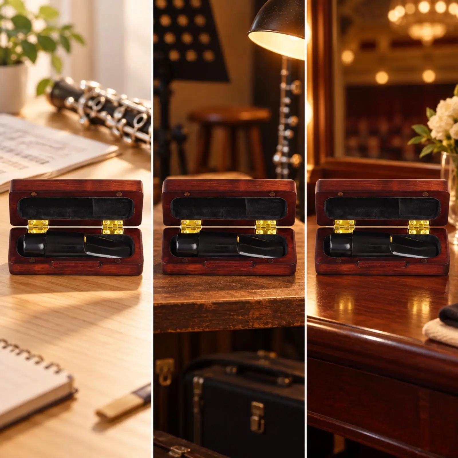 Wood Embouchure Piece Storage Box for Alto Saxophone with Smooth Finish Brass Color Hinges and Pocket Friendly Size