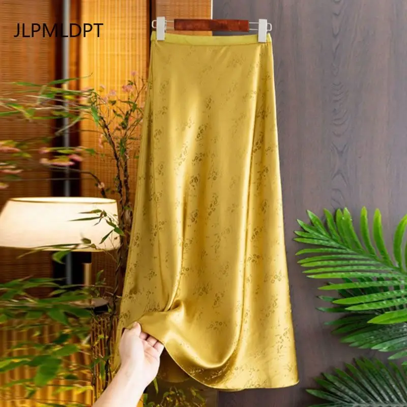 

Acetate satin high-end women's summer elegant high waist and thin new Chinese jacquard a-shaped skirt