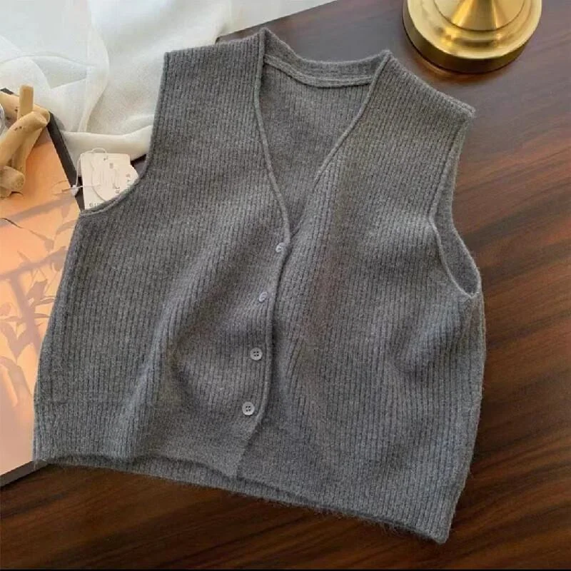 

Корейский карман с V-образным вырезом, многослойный вязаный жилет, женский весенне-осенний свободный мягкий и липкий свитер, универсальный и ленивый жилет.