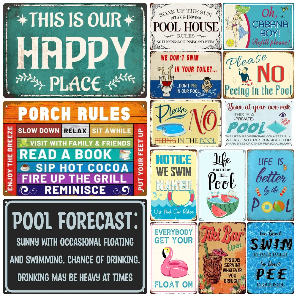 Retro Pool Rules Metal Sign Tin, Vintage Summer Swim Happy Place Plates, Wall Sign, Bar & Grill, Pub Decor, WY51