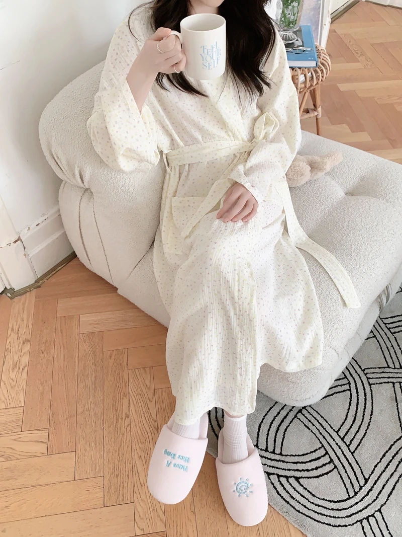 sweet-floral-print-long-kimono-style-sleepwear-women's-home-clothes-double-layer-cotton-yarn-dyeing-spring-autumn-open-front