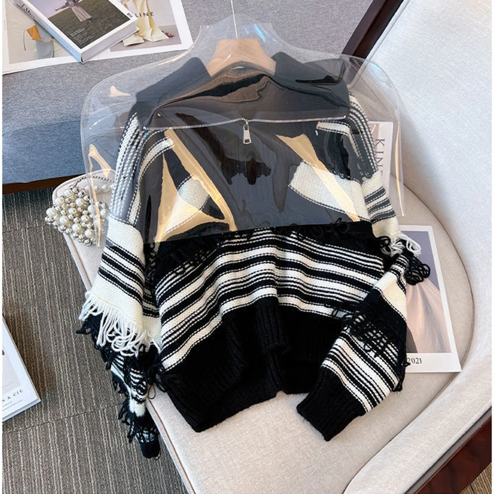 

Retro Turn Down Collar Tassel Pullovers Women Half Zipper Stripe Knitted Sweater Autumn Commuting Versatile Knitwear Tops