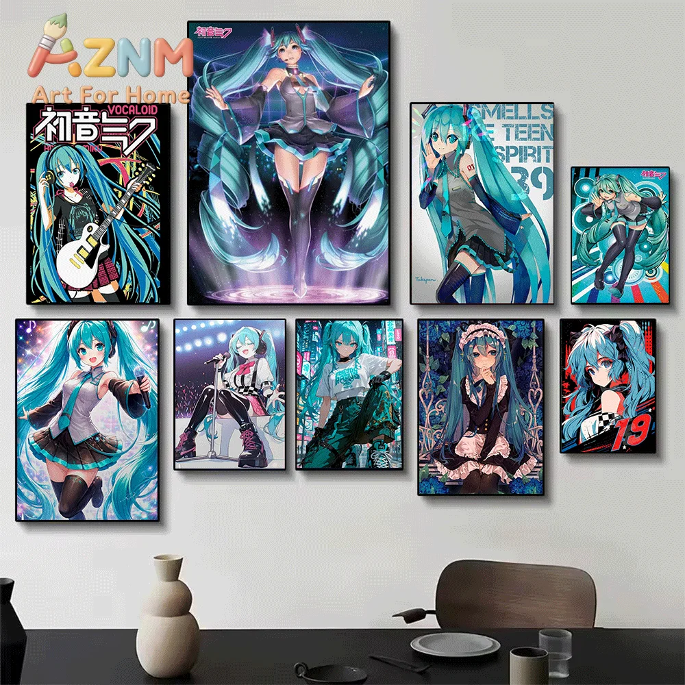 AZNM Hatsune Miku Rock Music Guitar Canvas Painting, Frameless Canvas Wall Art, Virtual Singer Anime Wall Painting for Bedroom view 3