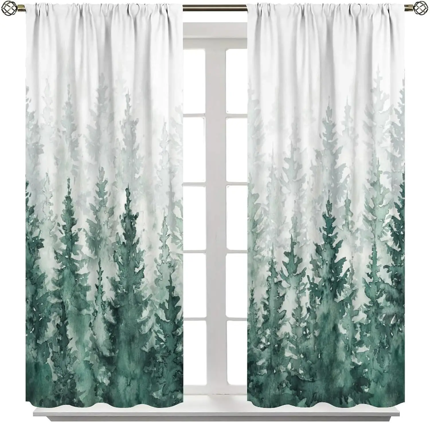 Misty Green Forest Curtains, Watercolor Pine Tree Nature Plant Print, Simple Fresh Home Decor for Kids, Bedroom and Living Room