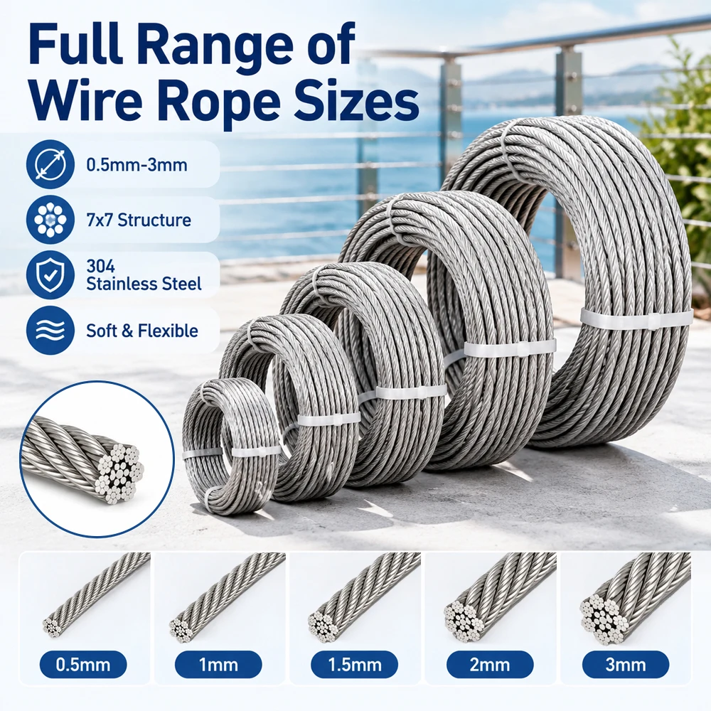 5m/10m 0.5-3mm 7x7 Stainlesss Steel Wire Rope Plastic Coated, Fishing Lifting Pulling Drying Rack Cable Rustproof Heavy Duty