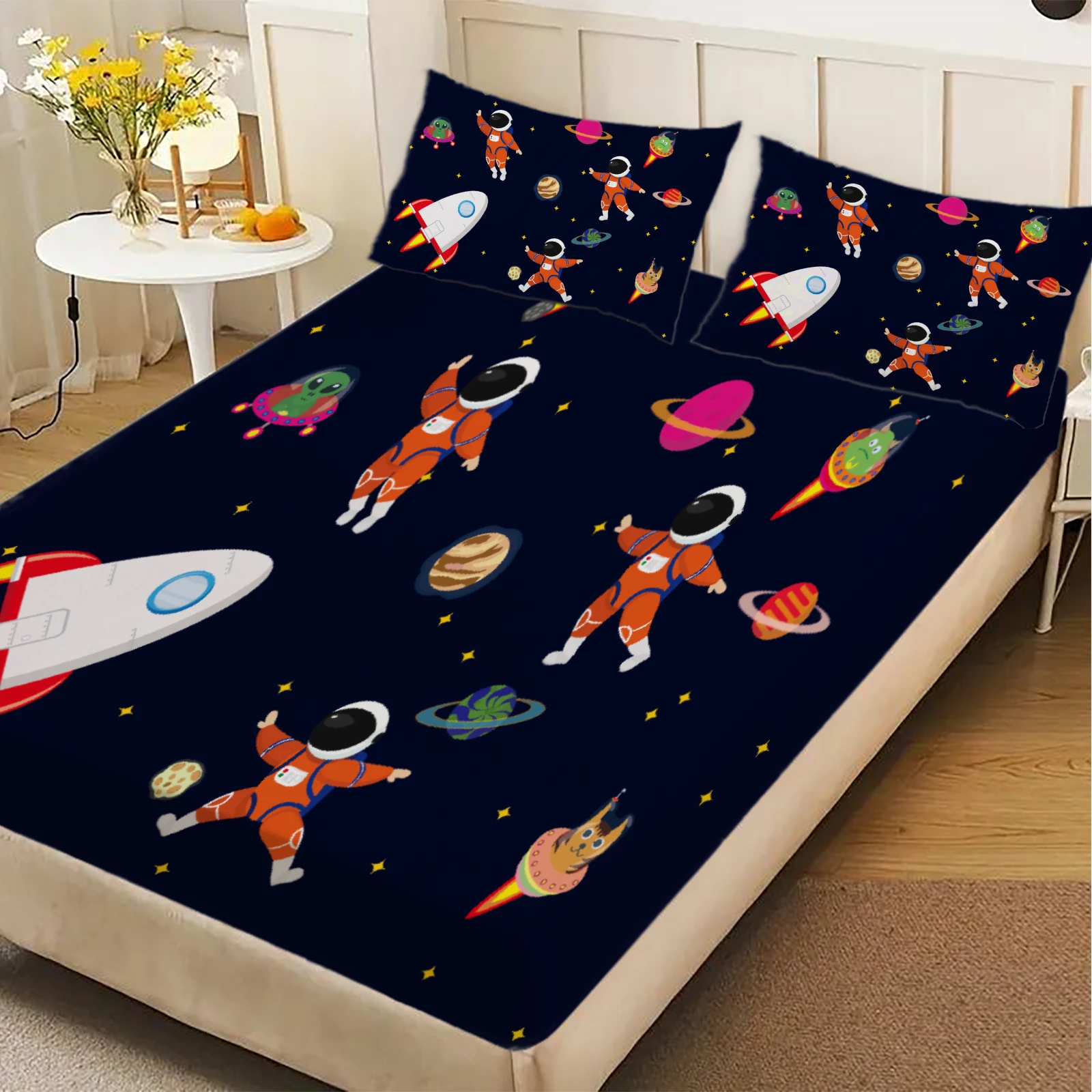 3pcs Playful Fitted Sheet Set Cartoon Style For Kids Boys Space Astronaut Rocket Planet Stars Printed Bed Sheet With Pillowcases