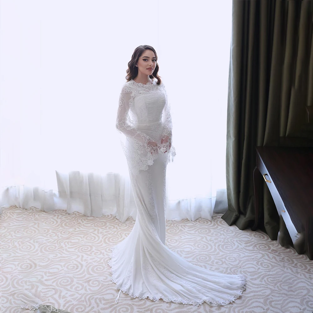 

Arabian Wedding Dress O-Neck Long Flare Sleeves Mermaid for Women Lace Sweep Train White Bridal Dress robe de mariée Customized
