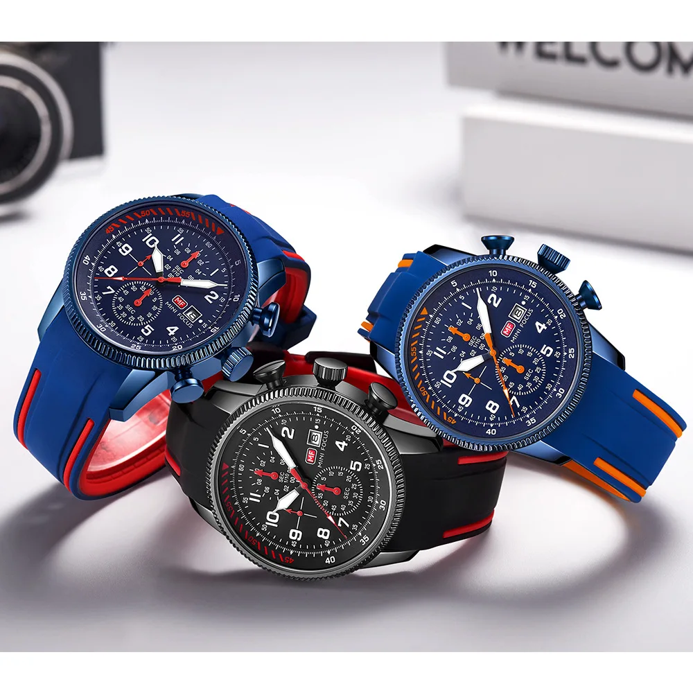 MINI FOCUS 0379 Men\'s Multifunctional Waterproof Quartz Watch Dashboard Design Sports Luminous Silicone Tape Boys Watches