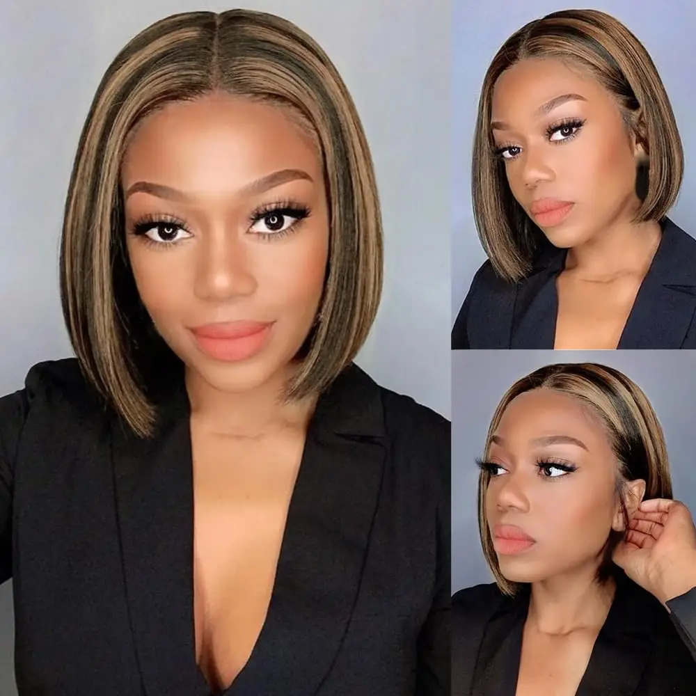 Highlight Bob Pruik 13X4 Lace Front Human Hair Pruiken Voor Vrouwen Peruaanse Korte Rechte Bob Lace Sluiting Pruik 1b/30 Highlight Bob Pruik