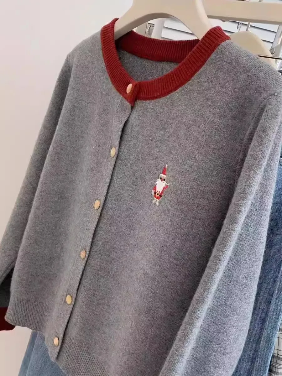 Otoño Invierno Thiened lana Merino cárdigan abierto mujer Patchwork bordado S Claus suéter versátil abrigo oculaire Camere