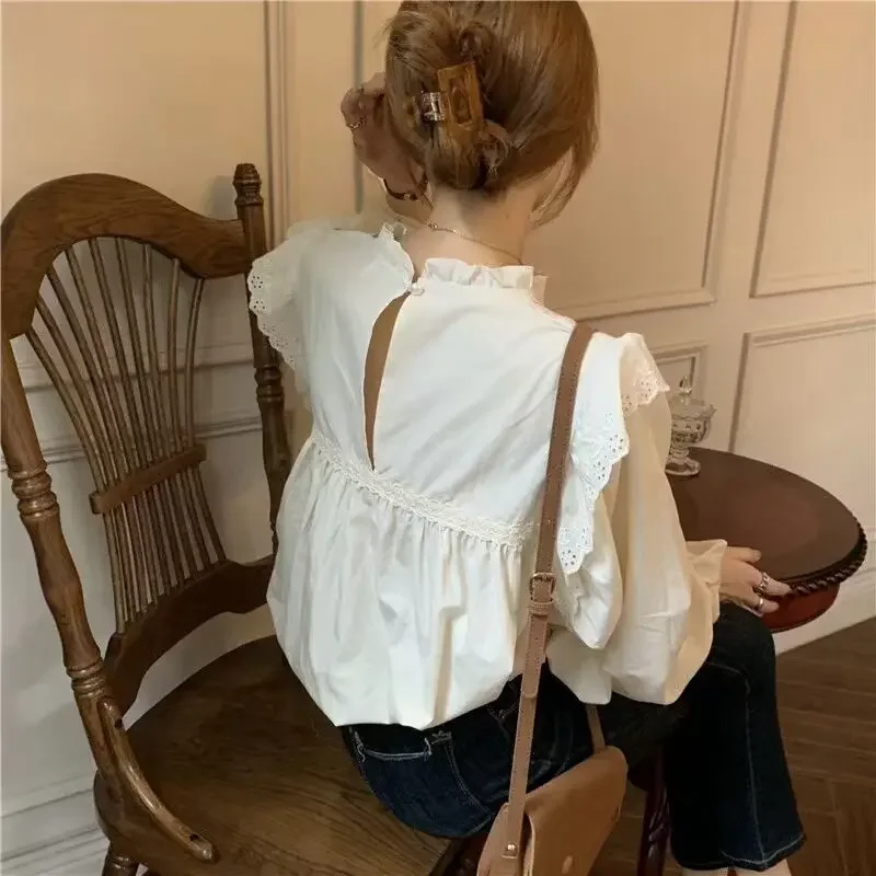 White Blouse Women Blusas Stand Neck Chiffon Shirts Long Sleeve Ruffles Lace Blouses Vintage Elegant Sweet Femme Tops