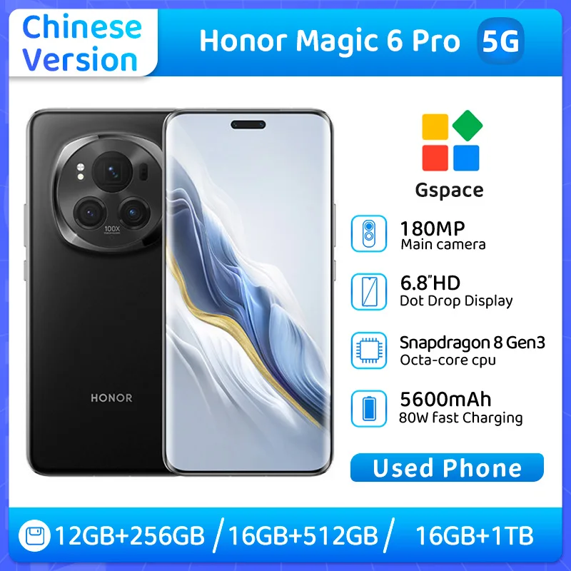 HONOR Magic 6 Pro 5g 6.8 بوصة 120 هرتز شاشة 180 ميجابكسل عدسة المقربة Snapdragon8 Gen3 5600Mah هاتف مستعمل