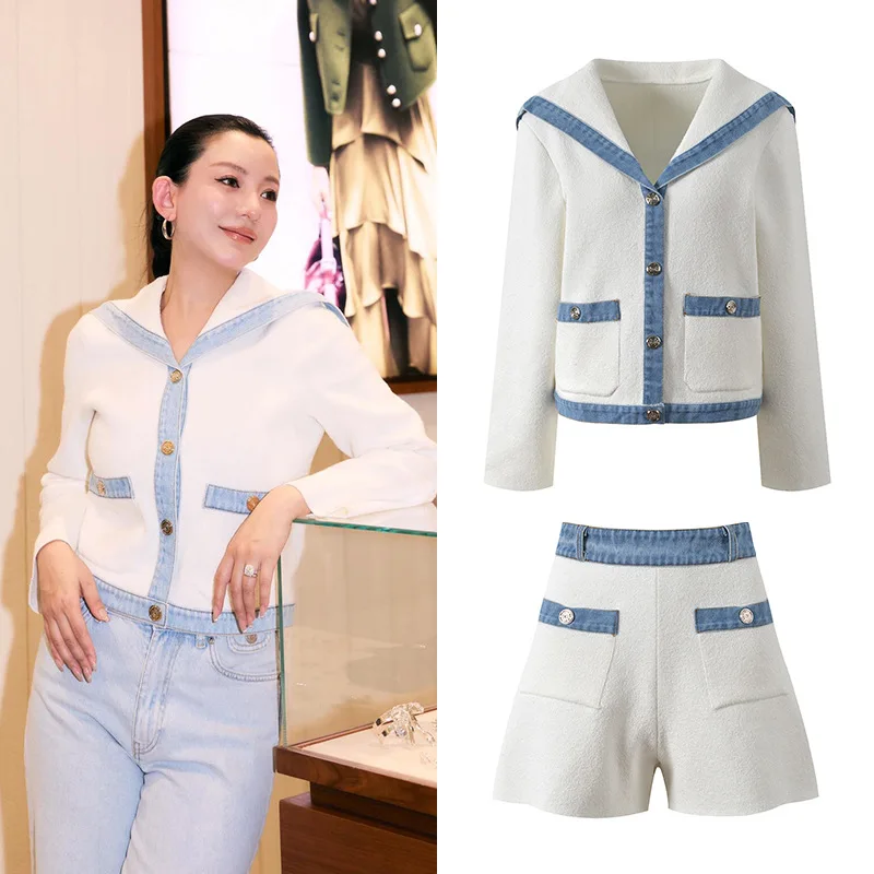 

Весна 2024, женская милая цветная блузка, джинсовый топ и брюки, комплект из двух предметов, утягивающий милый повседневный комплект Faion