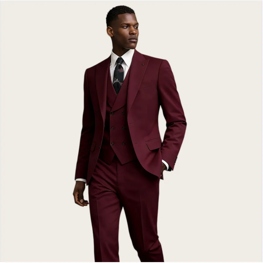 Classic Men's Suits Burgundy 3 Piece Set Peaked Lapel Single Breasted Groom Wedding Blazer Foemal Business Tuxedos Customized