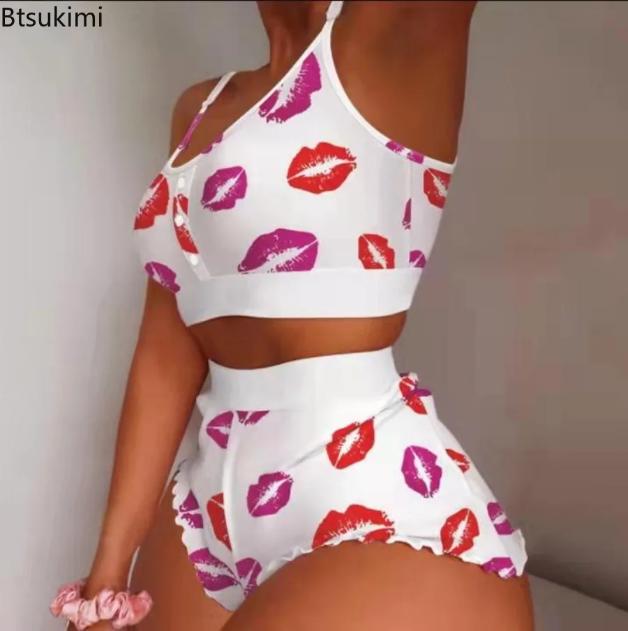 

New Pajamas Sets Women's Sexy Sweet Sleepwear Two Pieces Comfortable Milk Silk Sling Top and Shorts Fashion Print Homewear Suit