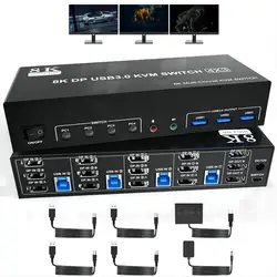 8K@60Hz Displayport KVM Switch 3 Monitors 4 Computer, DP1.4 Triple Monitor KVM Switch with Audio Microphone Output 3 USB3.0 Port