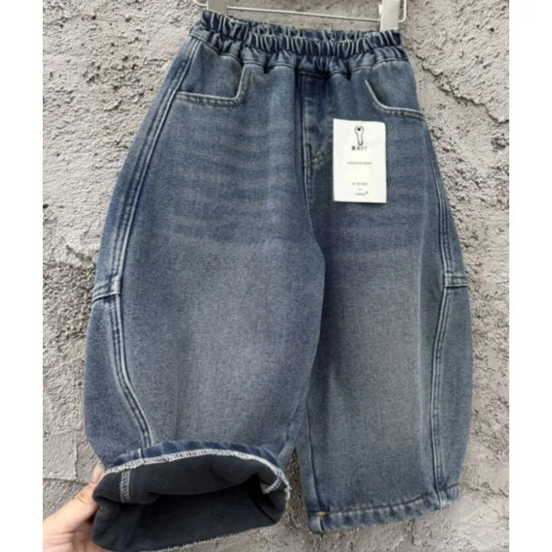 

New Blue Handsome Loose Straight Leg Pant for Children with Plush Jeans Autumn Winter One-piece Plush Pants Baby Casual Trousers