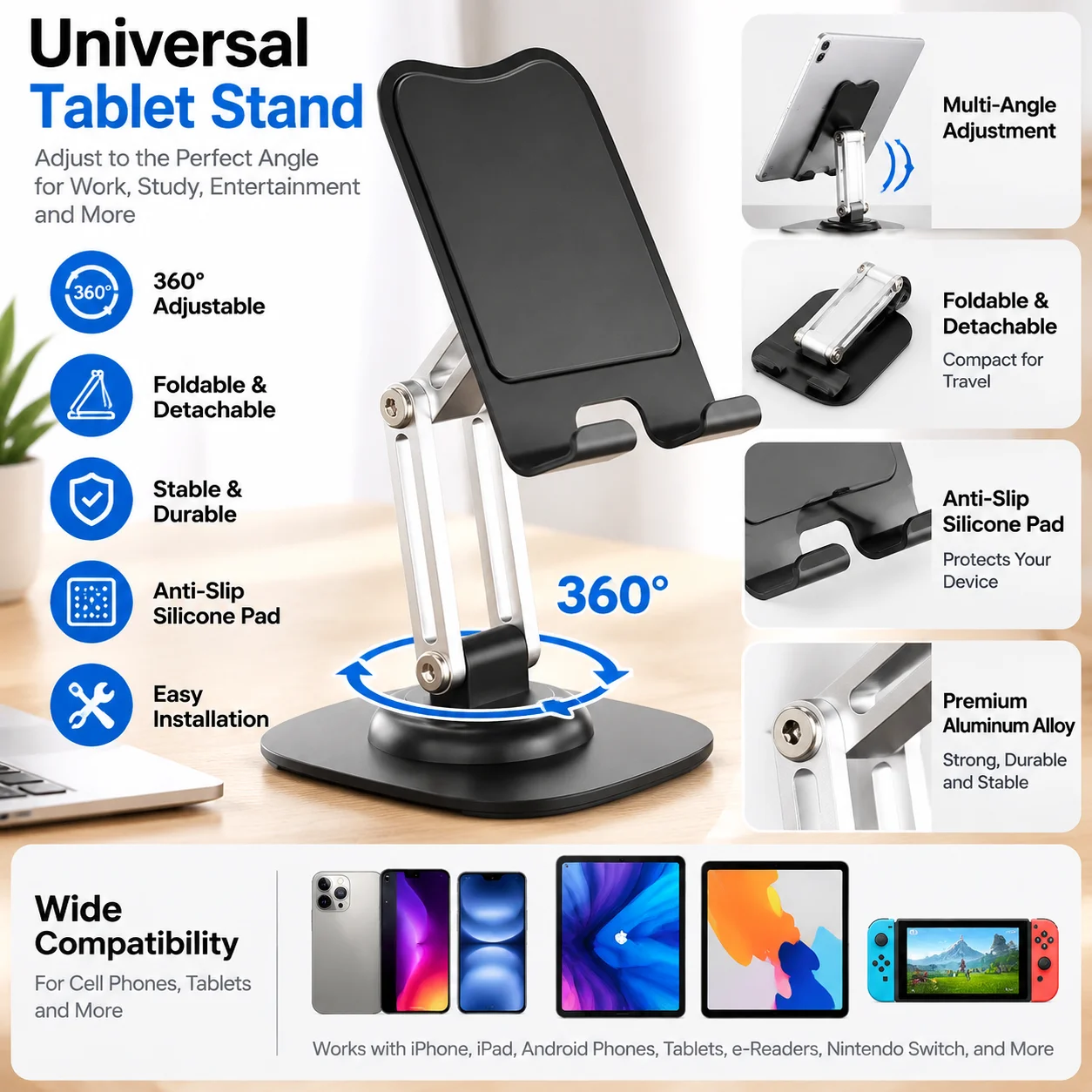 Tablet Stand Adjustable Aluminum - حامل عالمي للأجهزة اللوحية، قابل للتعديل