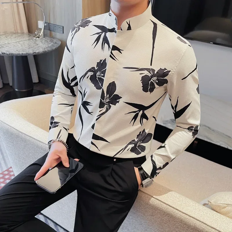 Ashion Stand Collar Floral Shirts Men Long Sleeve Slim Fit Casual Shirts Business Social Office Formal Dress Shirts