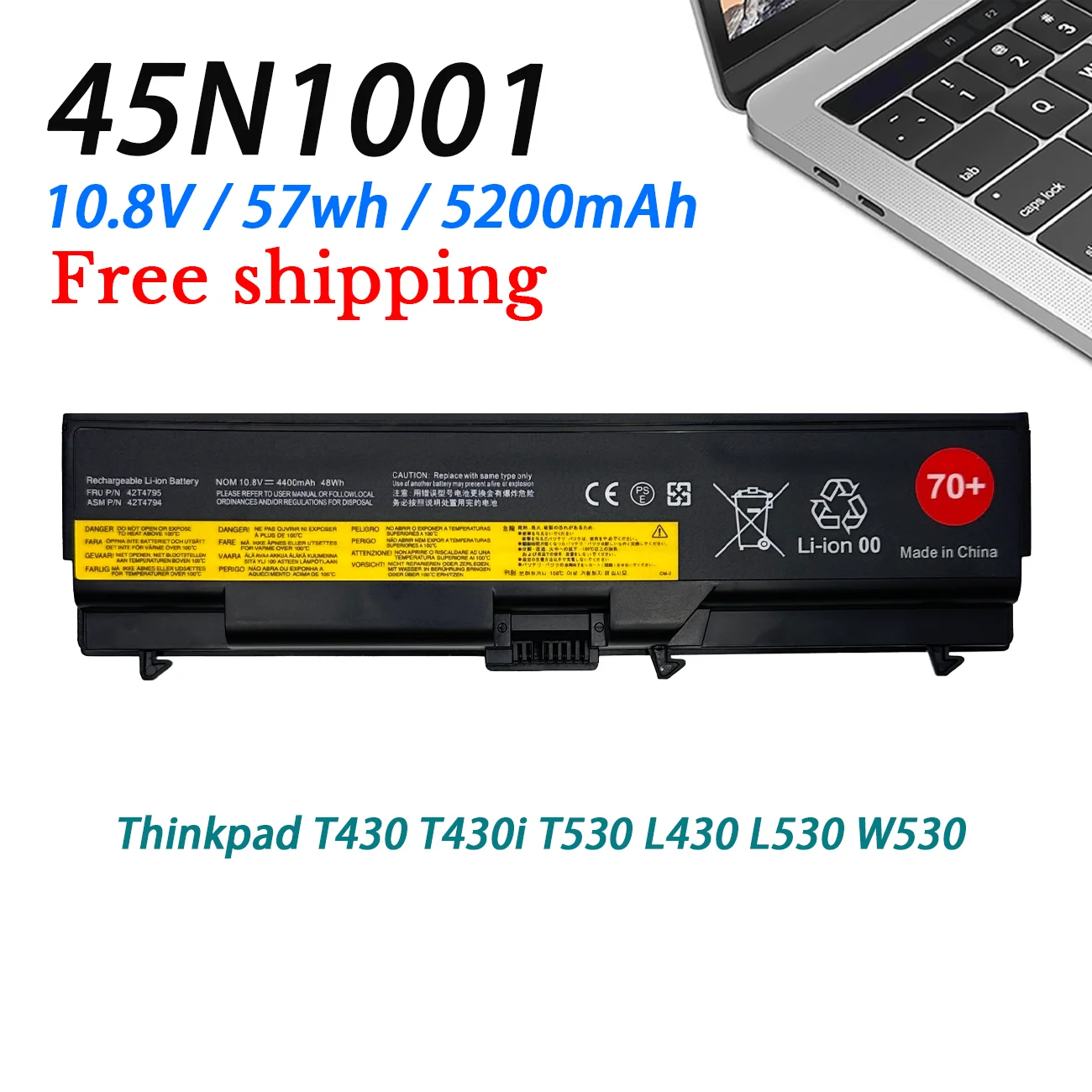 

70+ 45N1001 Аккумулятор для ноутбука Lenovo ThinkPad T430 T430i T530 L430 L530 W530 45N1000 45N1001 45N1004 10,8 В 57 Втч/5200 мАч
