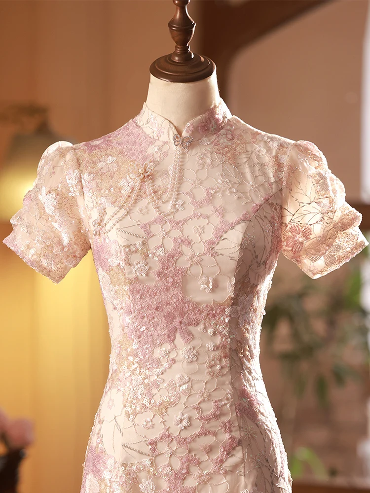 

Новое красно-розовое свадебное платье 2025 года для невесты, с пайетками, для повседневной носки, для церемонии возвращения домой, китайское вечернее платье