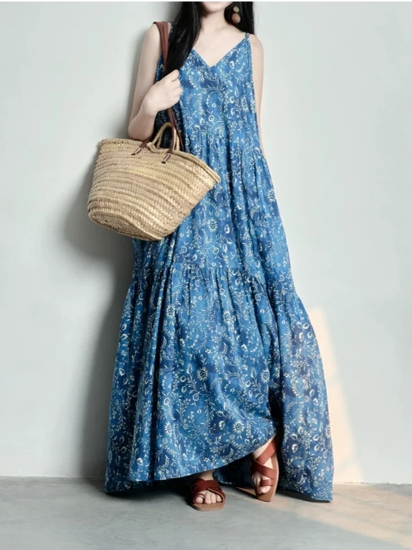 

Artistic Holiday Style Long Cotton Linen Strap Dress Women Summer Loose Casual Sleeveless Vest Large Skirt V-neck Print Dress