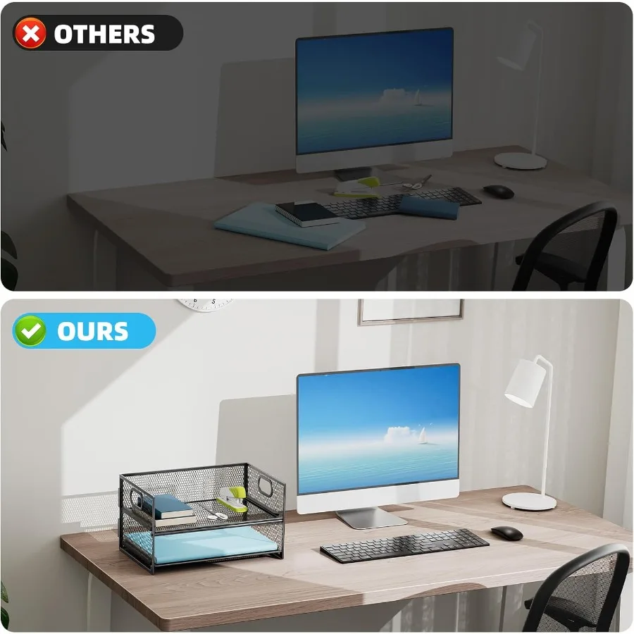 2 Tier Paper Organizer with Handle for Home Office Desk - Mesh File Organizer and Letter Tray for Efficient Document Sorting an