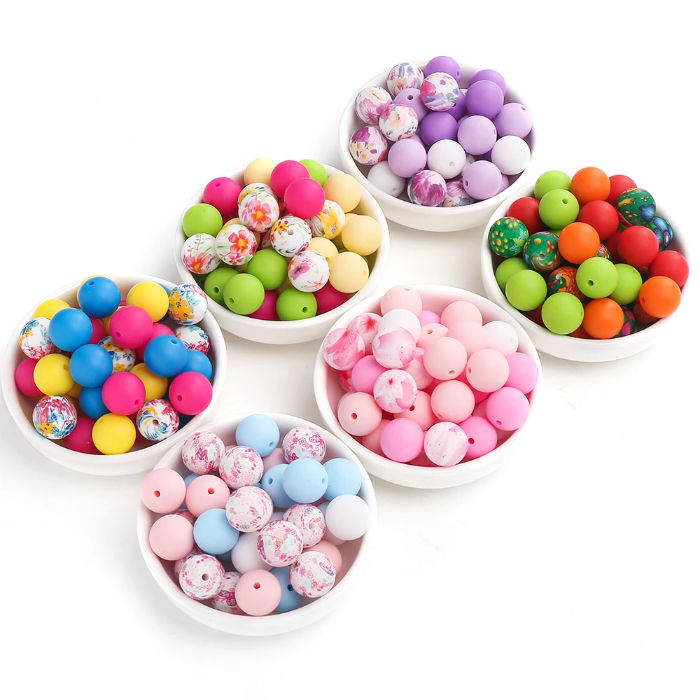 

40Pcs 15mm New Silicone Beads Print Round Colored Mixed Spacer Beads DIY Pacifier Chain Necklace Accessories Pen Jewelry Making