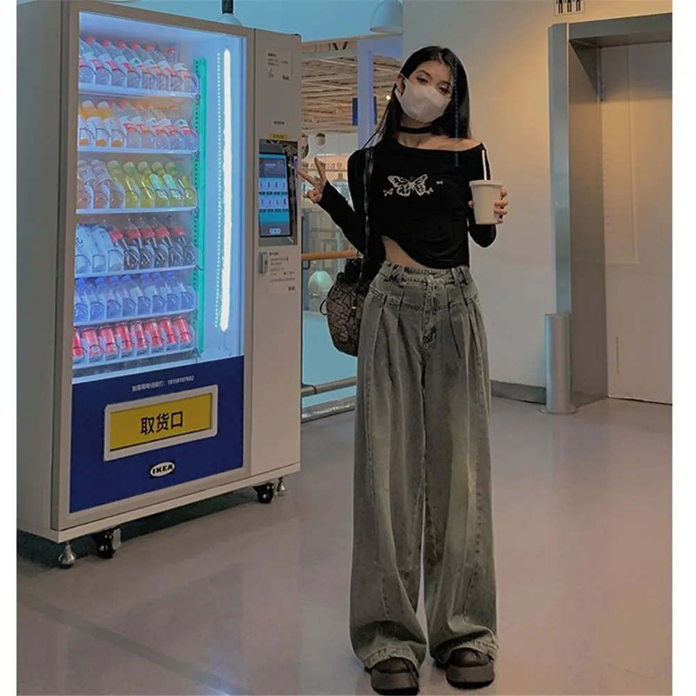 Casual Gothic High Waist Chic Loose Denim Pants Women Techwear Vintage Baggy Straight Jeans Y2k Korean Punk Denim Trouser Female