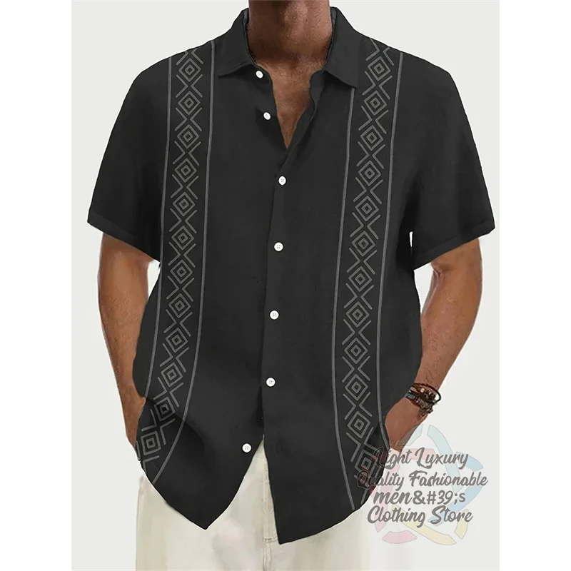 Men's shirts, linen summer casual beach vacations, men's short-sleeved shirts, fashionable striped print short-sleeved tops