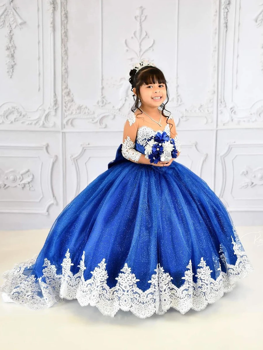 Robe de Rhbleue avec appliques en dentelle pour enfants, robe de demoiselle d'honneur, manches longues, longueur au sol, fête d'anniversaire, première communion, princesse