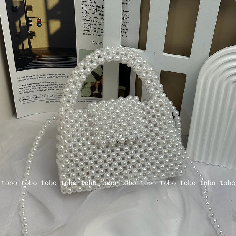 Bolsos de hombro con correa de perlas largas para mujer, bolsos con solapa informales, fiesta de noche de cuentas de lindos bolsos tejidos a mano, moda