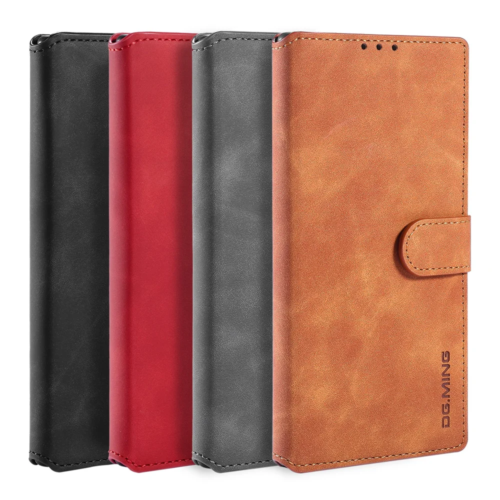 DG.MING Luxury Oil Edge Retro Leather Flip Case for Galaxy Note 20 Ultra Note 8 Note 9 Note 10 Plus Wrist Strap Slim Wallet Case