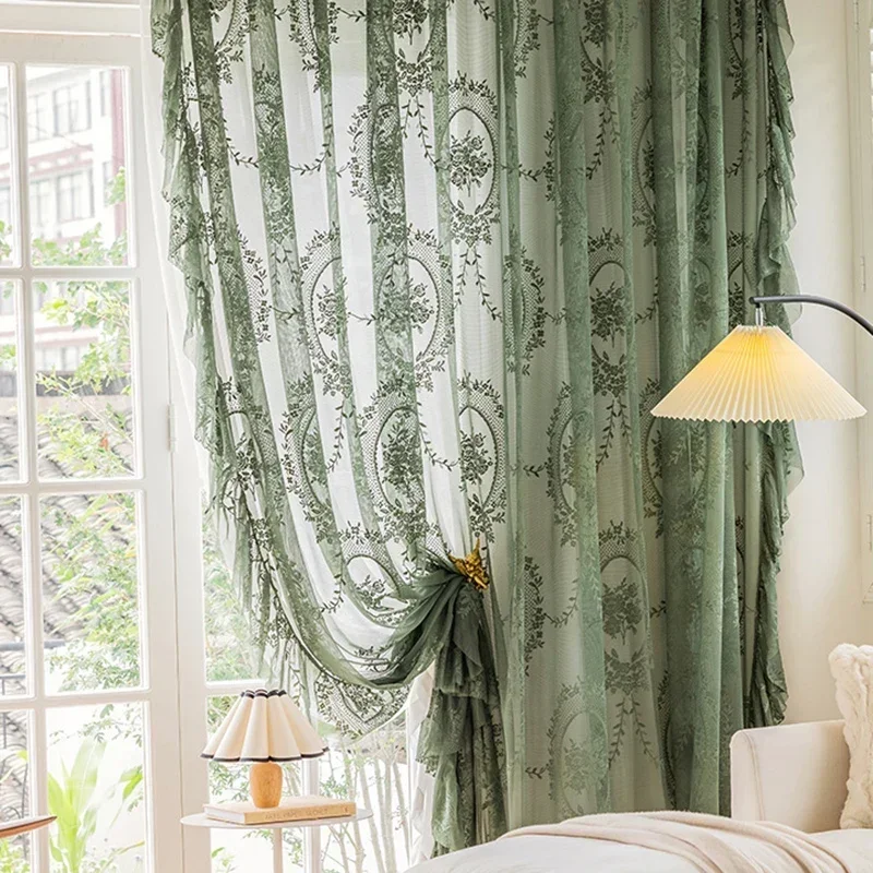 Transparenter Vorhang mit grüner Blumenstickerei im Vintage-Stil, romantische gekräuselte Spitze, Voile-Fenstervorhänge für Schlafzimmer, Küche, Fensterbehandlung