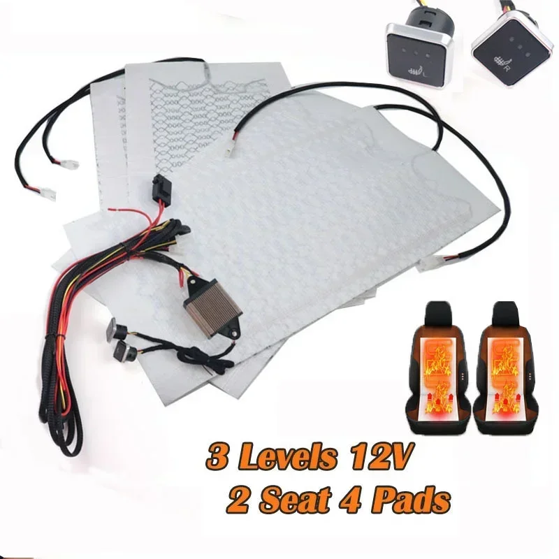 Universal 2 Seats 4pcs 12v Car Carbon Fiber 3 Level Heated Seat Heater Pad Switch Kit Square Switch Winter Warmer Seat Covers