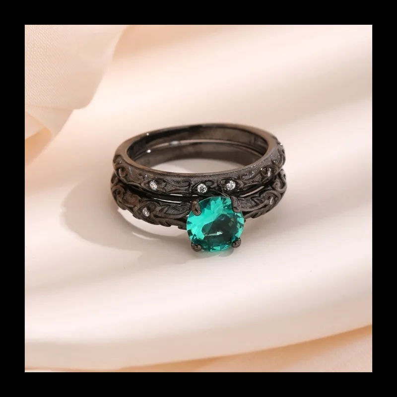 

Винтажное двойное кольцо из стерлингового серебра, черное золото, стекло Параиба, серебряные ювелирные изделия, изысканное женское кольцо высокого качества