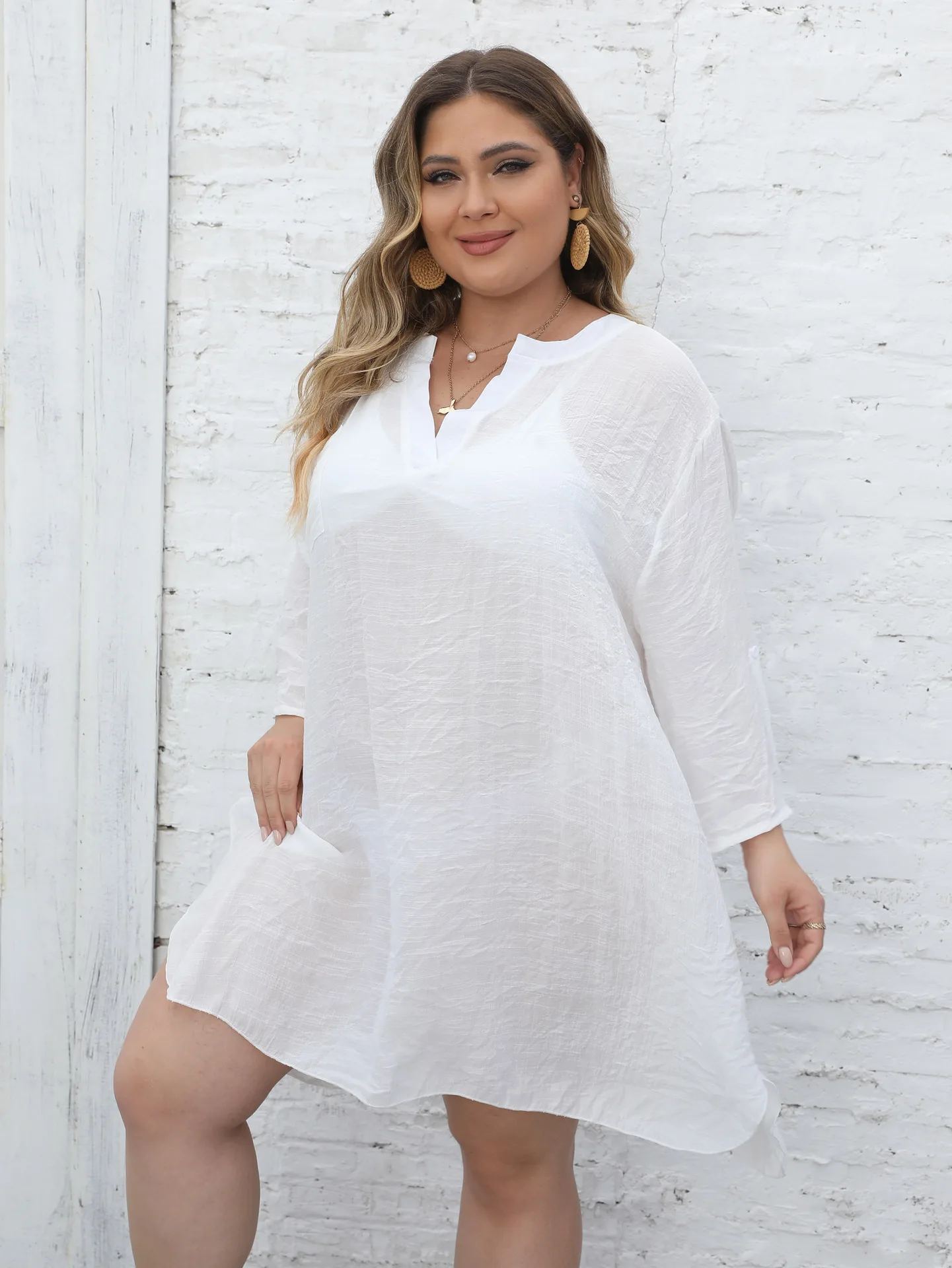 Bluzka damska Plus Size Cover Ups z dekoltem w szpic Sexy sukienki luźna dama solidna Bikini na plażę na wakacje wiosna lato