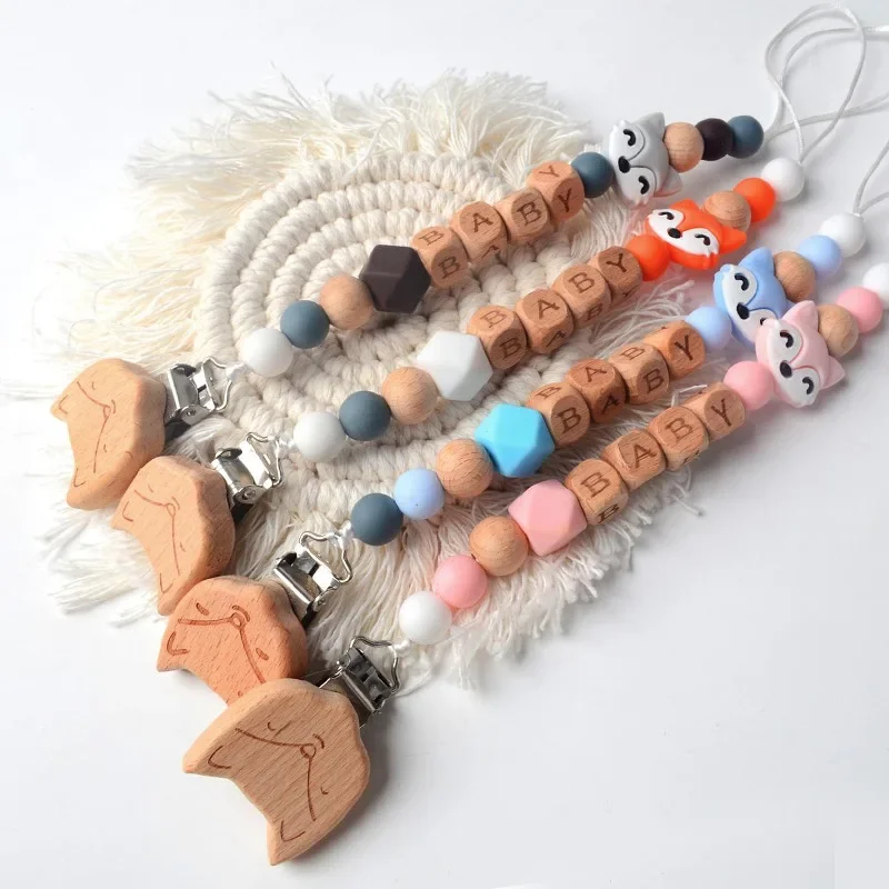 Baby Pacifier Clips Wood Cartoon Fox Teethers Dummy Nipples Holder Clip Chain Newborn Soother Teething Toy Accessories Chew Gift