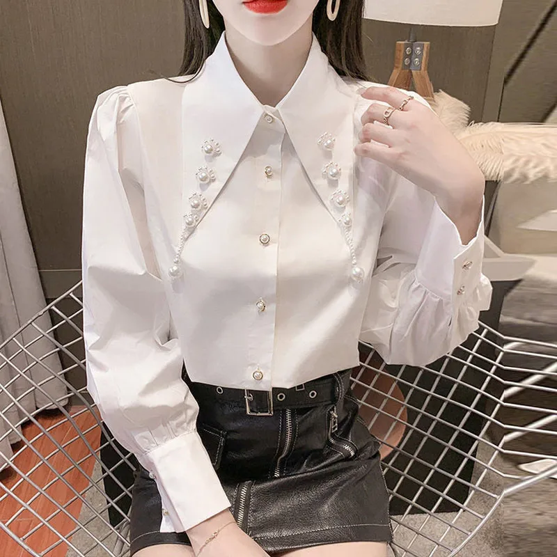 Autumn Fashion Women French Vintage Elegant White Button Shirts Beading Chic Long Sleeve Loose Office Ladies Blouse Tops Blusas