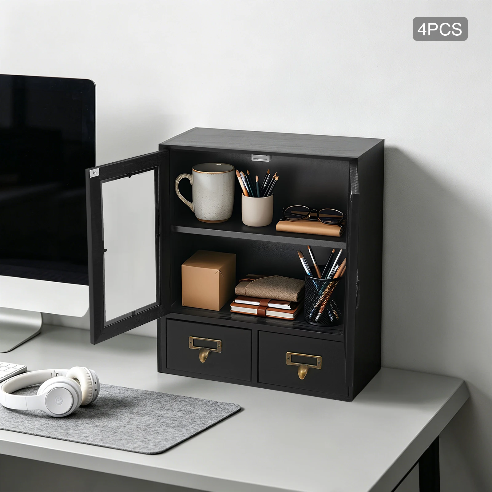 4-Piece Modular Storage Cabinets, Stackable or Separate Use, Freestanding Organizer with Vintage Metal Handles, Ideal for Desk Garage Pantry