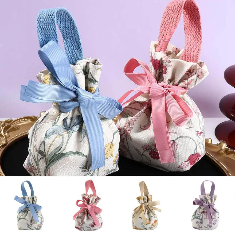 

Floral Canvas Drawstring Bag Large Capacity Korean Style Festive Sugar Bag Storage Bag Wedding Candy Bag Bowknot Handbag