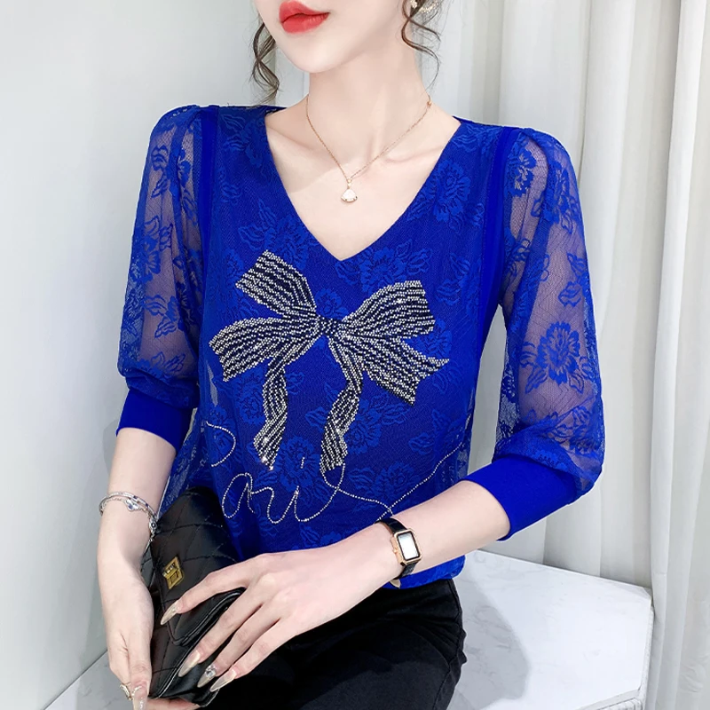 

Осень 2024, женская блузка, новая корейская мода, кружевной топ с коротким рукавом, лоскутная повседневная рубашка с бриллиантами