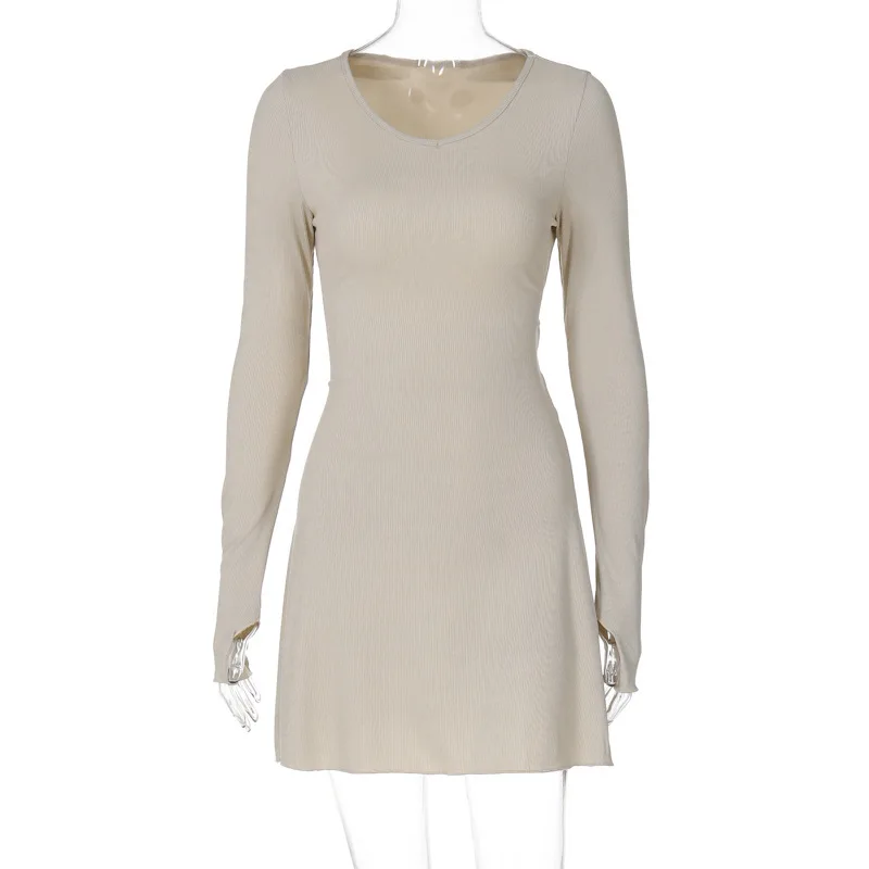 عارية الذراعين تريكو ضمادة فستان بكم طويل أنثى مثير Bodycon فستان قصير الصلبة موضة ألف خط سترة فستان الإناث عالية الخصر