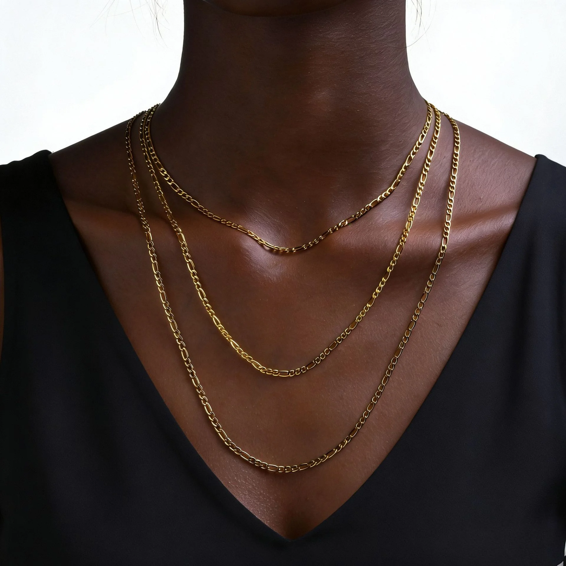 Gold Plated PVD 18K Figaro Chain Necklace Female Stainless Steel Solid Link Choker Necklace Layered Women Girls 14