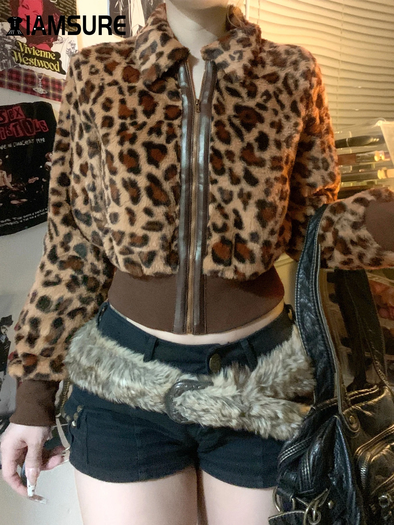 

IAMSURE Casual Leopard Printed Fur Coats Loose Turn-Down Collar Long Sleeve Jackets Women 2024 Autumn Winter Fashion Streetwear