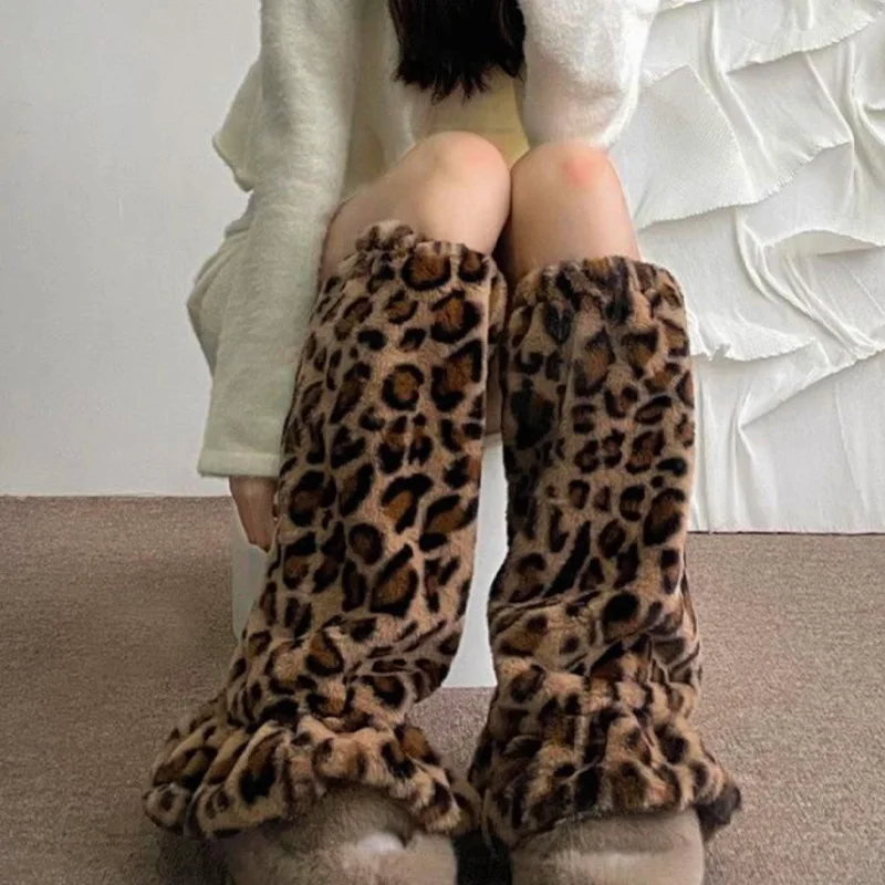 

Vintage Y2k Plush Leopard Pattern Leg Warmers for Women Girl Lolita Long Socks Ruffled Baggy Foot Cover Streetwear Leg Warmer