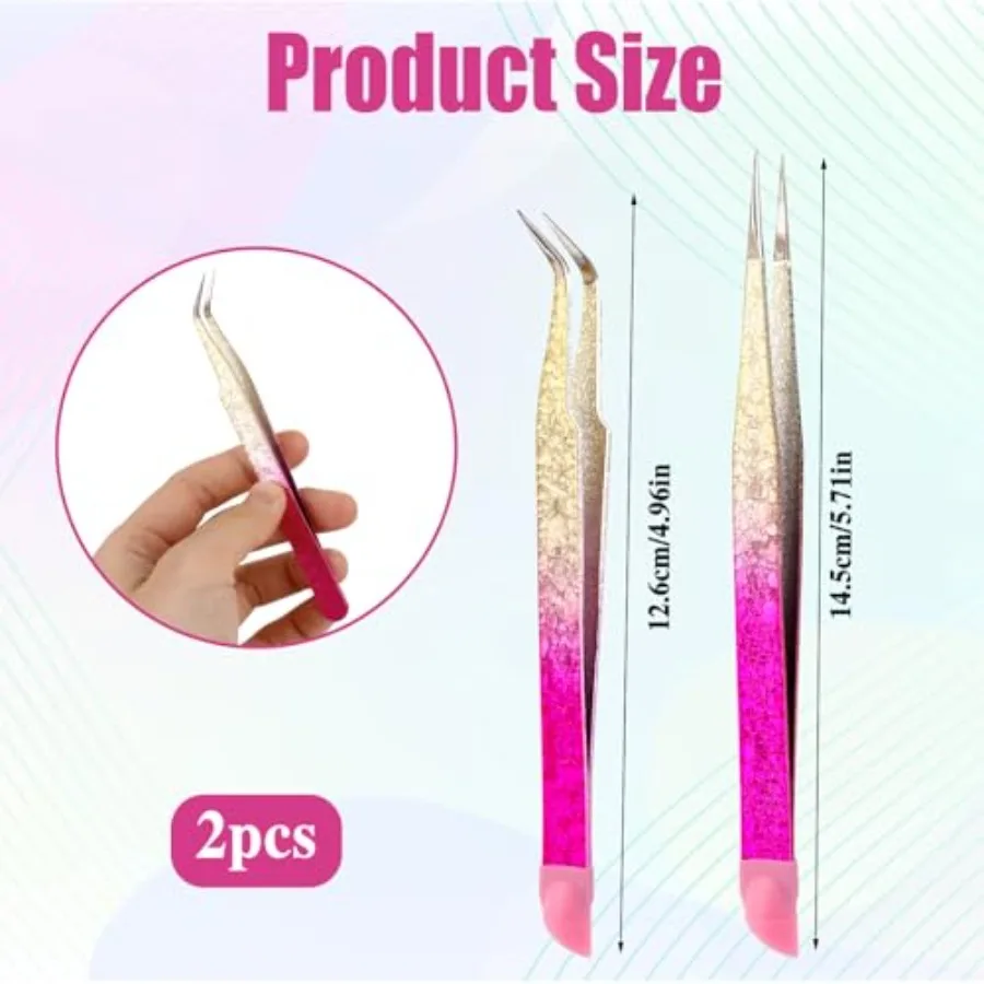 2 PCS Double Ended Nail Art Tweezers, Stainless Steel Straight and Curved Tip Tweezers with Silicone Pressing Head for Eyelash
